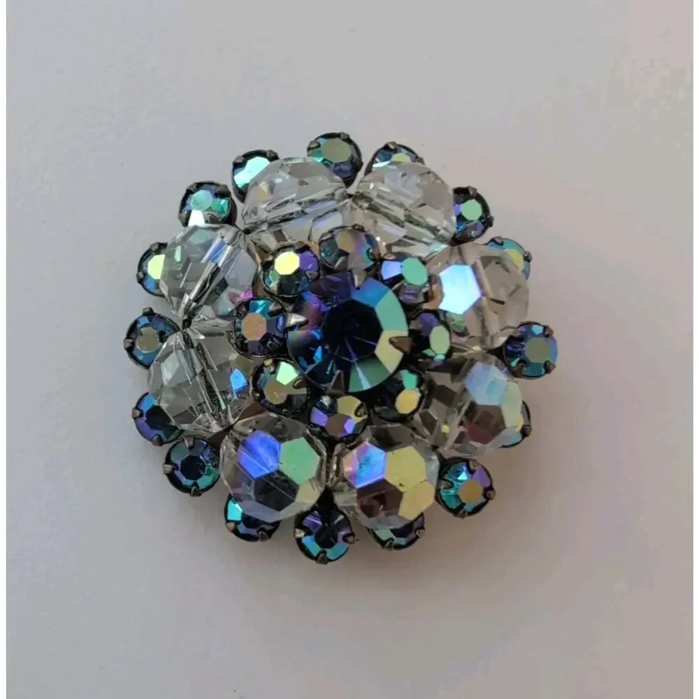Vintage Blue Aurora Borealis Rhinestone Crystal Bead Flower Brooch Silver Tone
